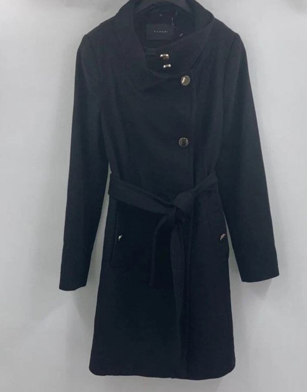 Tahari Izzy Womens Black Wool Blend Military Belted Wrap Coat Funnel Neck Sze 14